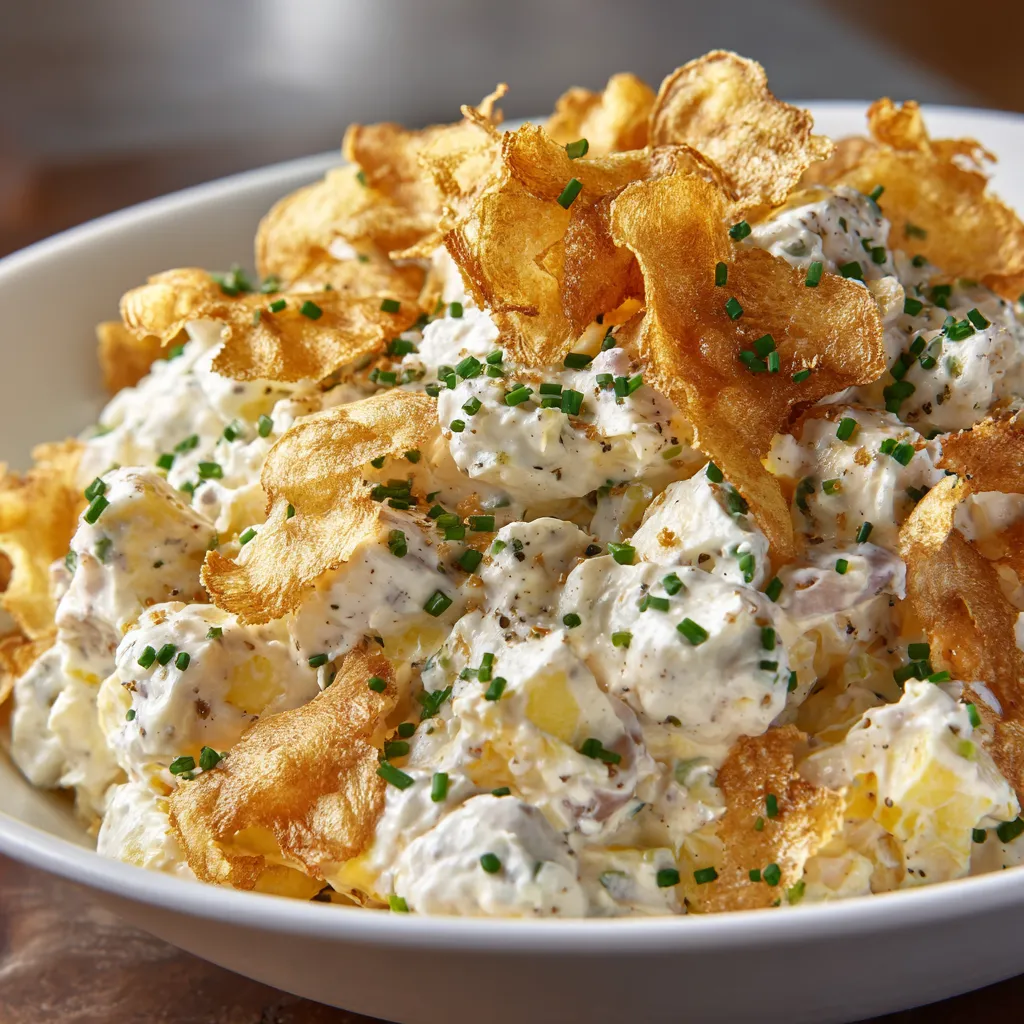 W white bowl on the table, there is a delicious salad with chips and truffle.