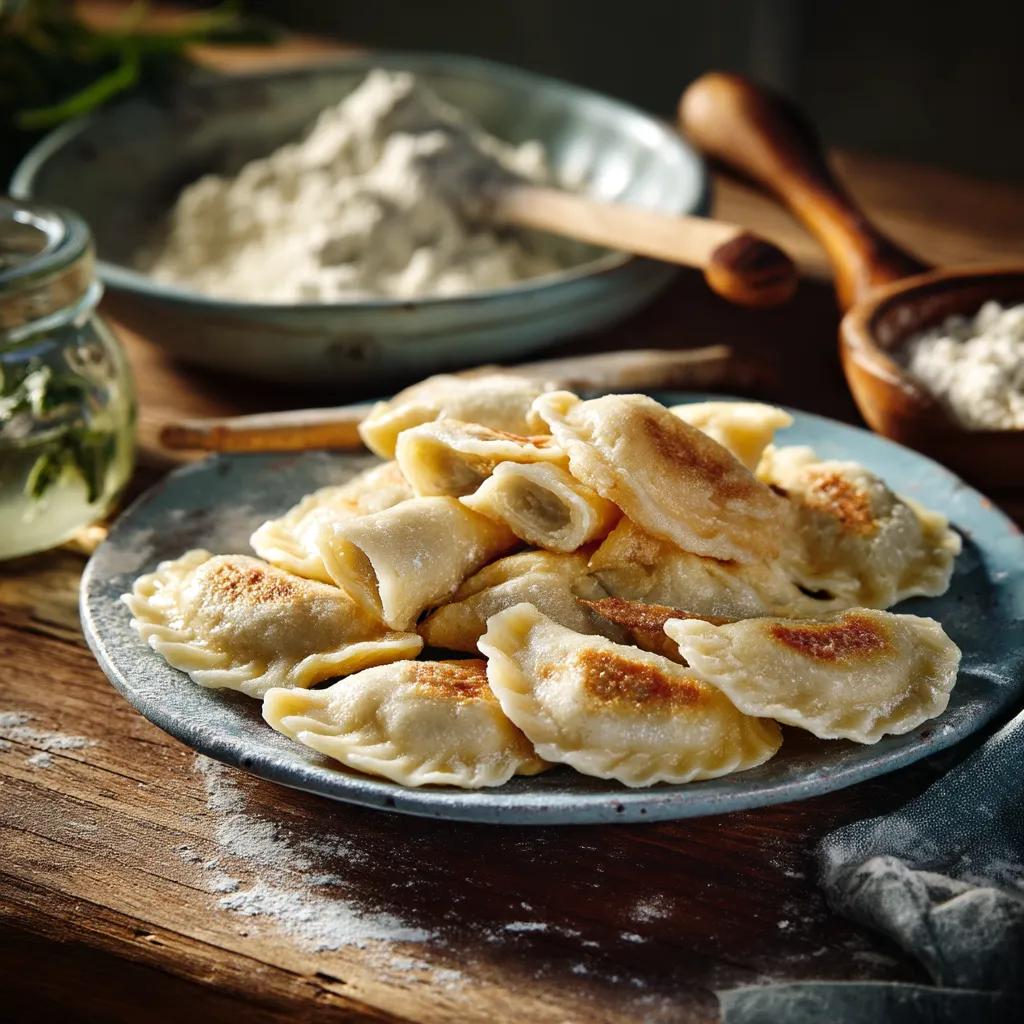 Na tabeli stoi plate z pierogami i kluskami. Pierogi są w różnych kolorach i rozmiarach, a kluski są w różnych kolorach i rozmiarach. Na tabeli są też dwie szklanki, jedna z nich jest pełna, a druga jest pusta. W tle, na tle, jest jeszcze jedna szklanka.
