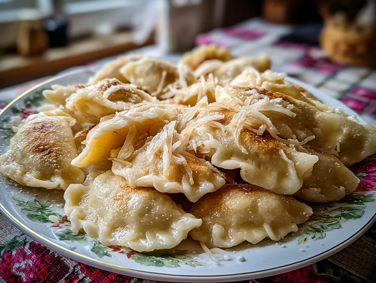 Na tle zielonego koloru, na którym stoi pudełko. Wszystkie pierogi są równomiernie rozłożone na płycie, co sprawia, że wygląda na nich z uśmiechem.
