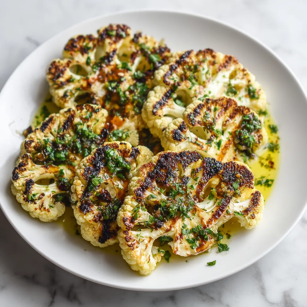 Na tle białego talerza, na którym są umieszczone grilled cauliflower steaks.