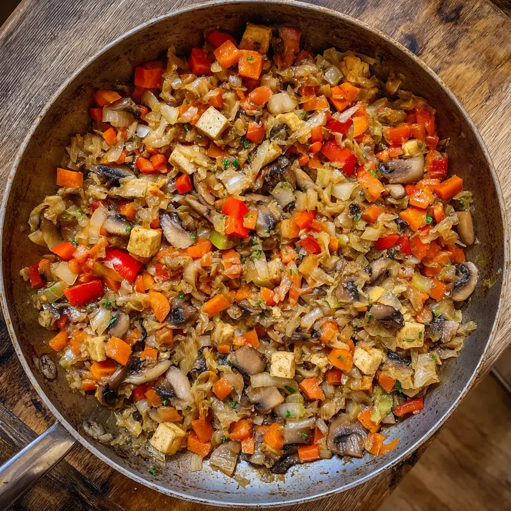 W obrazie przedstawiony jest bigos z mushrooms, smoked tofu i carrot.
