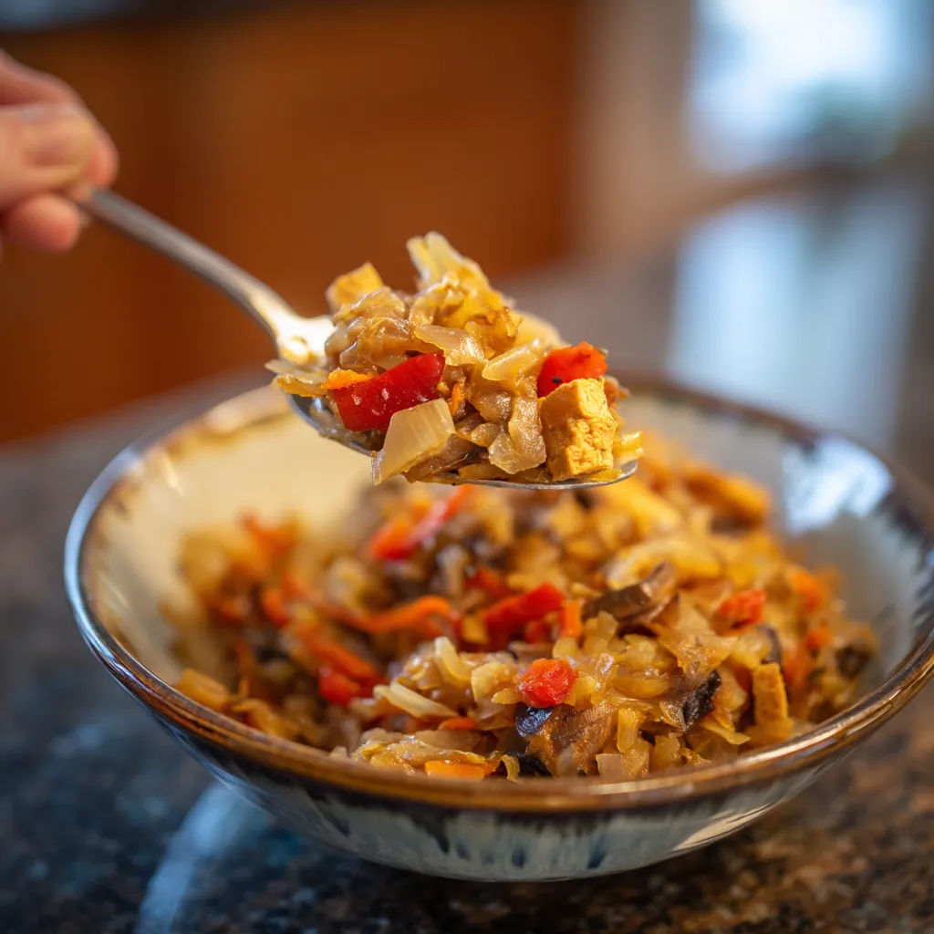 W misce zróżnicowane składniki, w tym warzywa, mushrooms i tofu, tworzą delikatne i zdrowotne bigos.