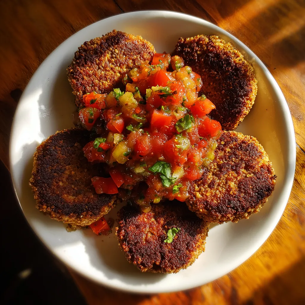 Na tle ciemnego tła, na białym talercie z buckwheat patties z tomato relish, widać cienką, ciemnoczerwony kawałek buckwheat patties.