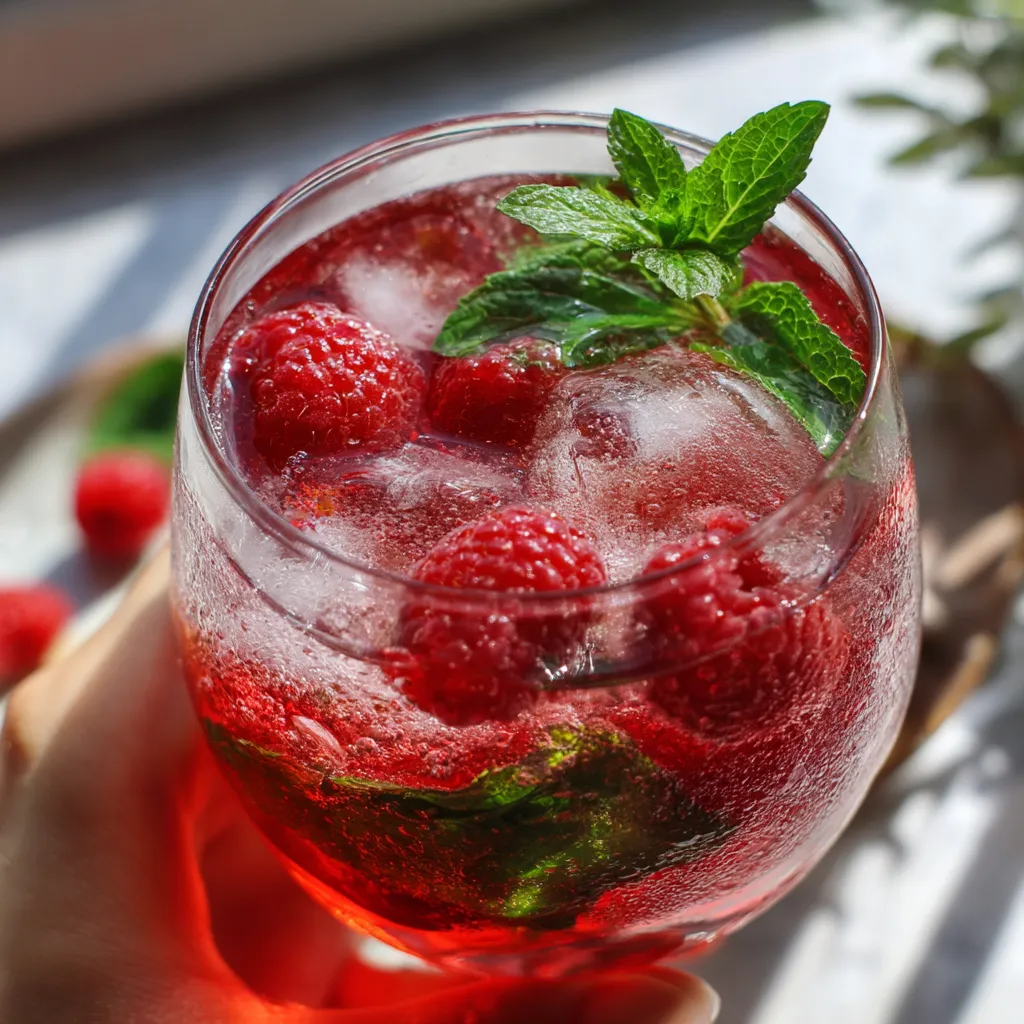 Widać wizerunek szklanki z raspberry-mint toonic mocktail.