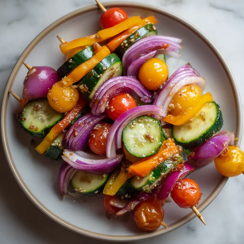 Na talerzu stoi biały talerz zawierający wiele różnych składników do przygotowania pickled veggie skewers.