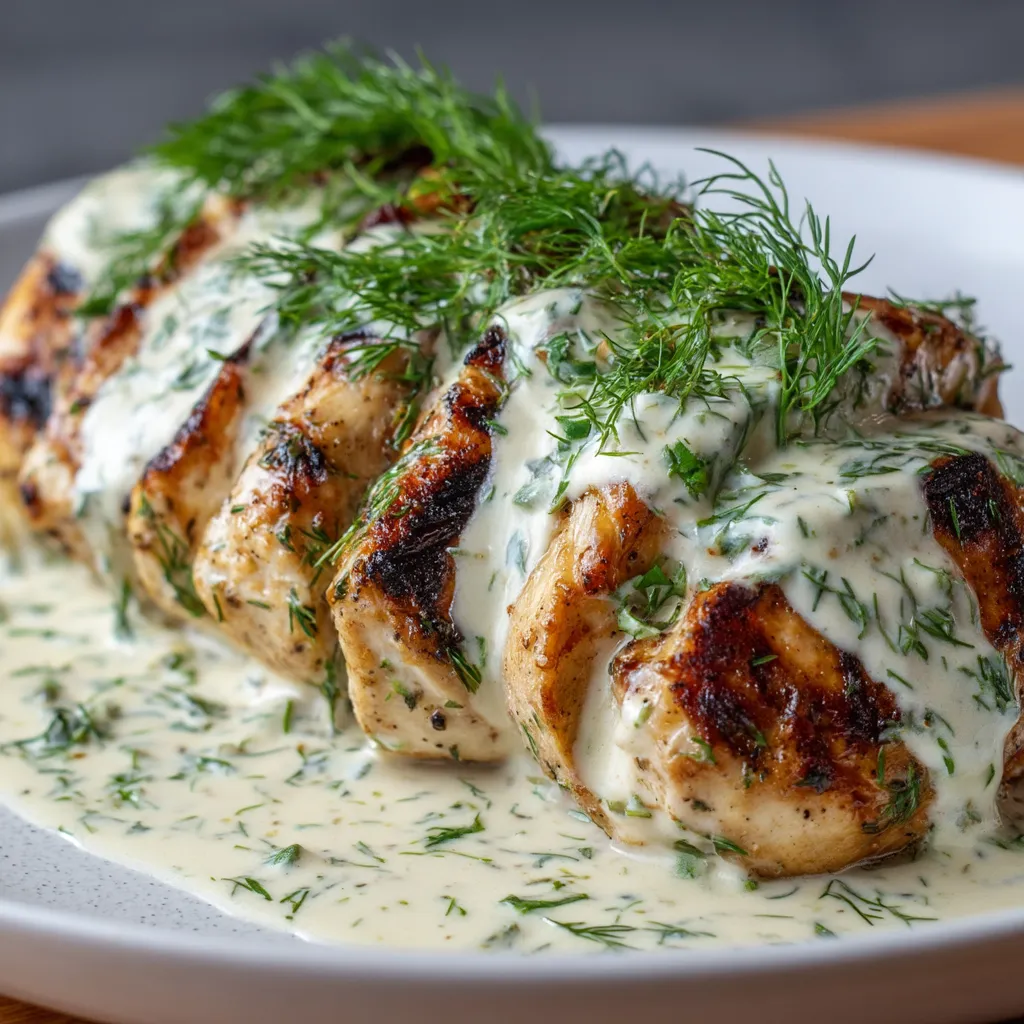 Na tle ciemnego tła, na białym talercie z grilled chicken z dodatkiem cukru i sosu z bazylii, wraz z dodatkiem świeżego szpinaku.