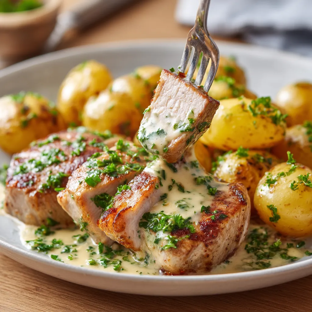 Na tle stołu siedzą dwa pork cutlets z mustardem, otoczone potatami.