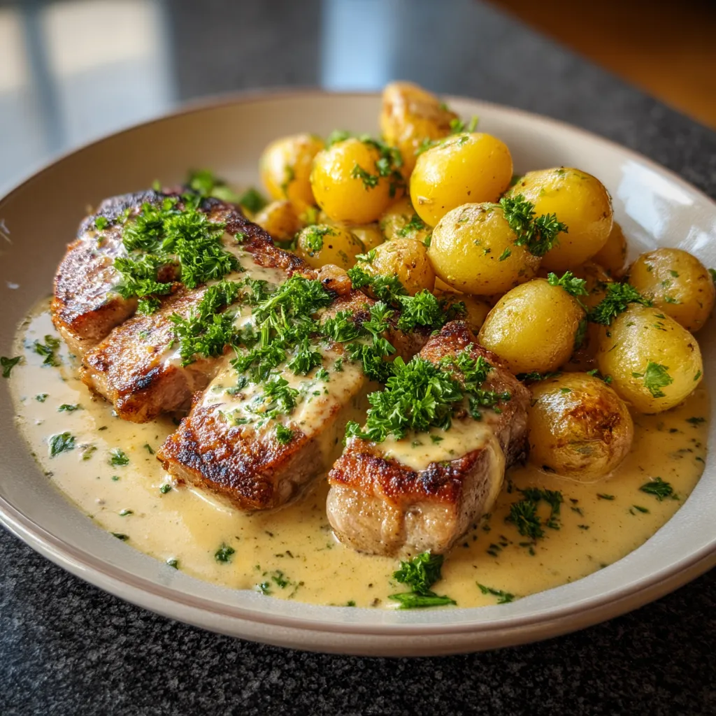 Na tle stołu siedzą dwa pork cutlets z mustardem, otoczone przez nowe papryki.