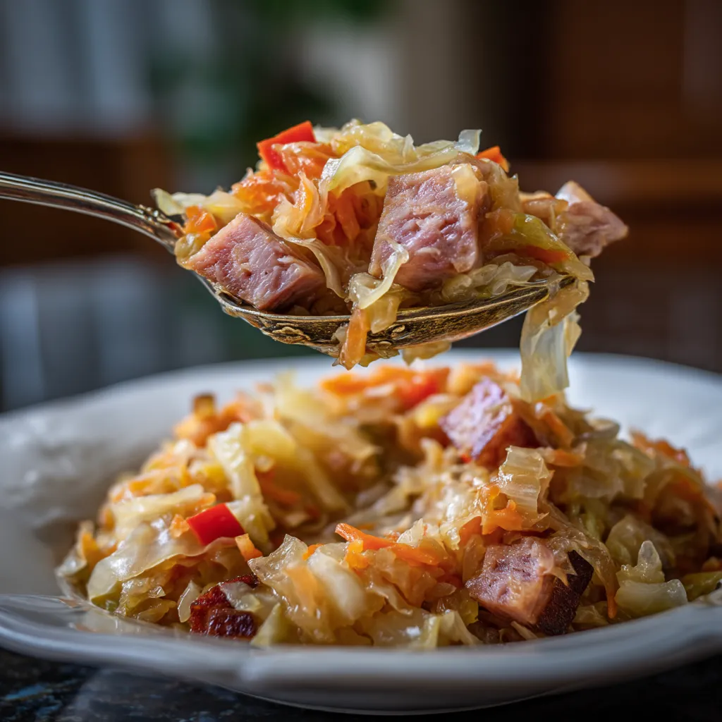 Bigos z kawałkami kiełbasy i szpinaku, serwowany na talerzu.