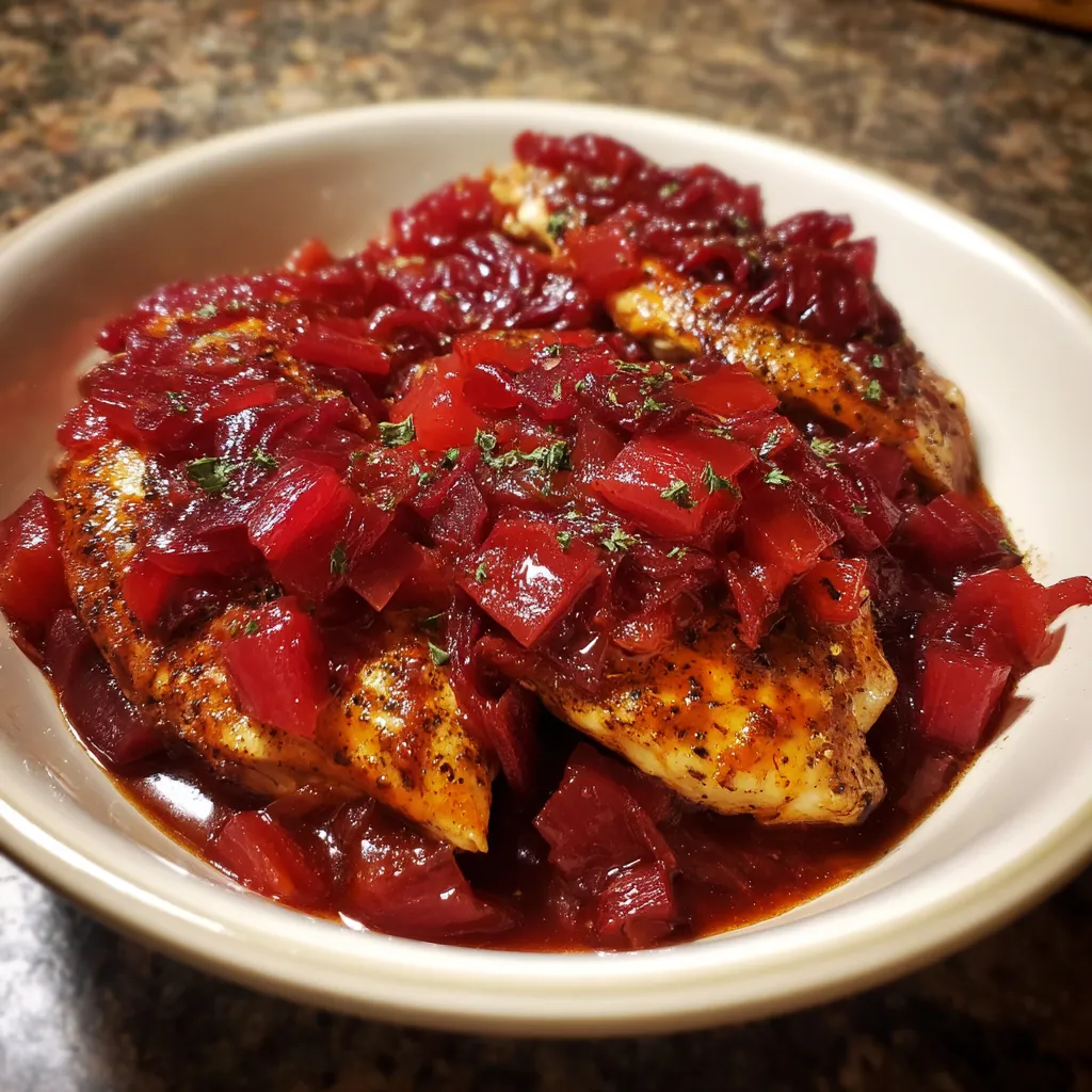 Chicken z Rhubarb Sauce w misce na talerzu.