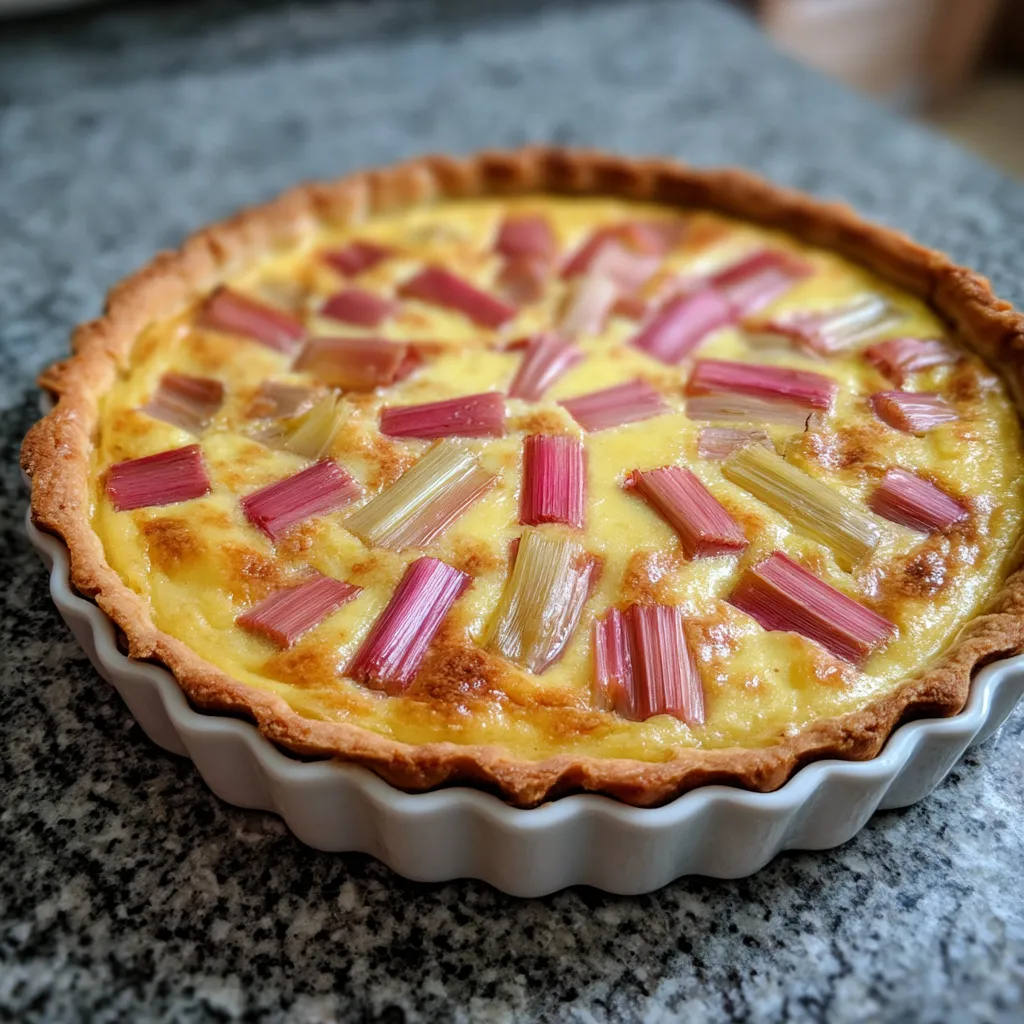 Widać jest pieczarkę w kremowym tartcie, którym dodano smak rhabarbu. To delikatne i smaczne danie, które przyciąga fanów kremowych tartów.