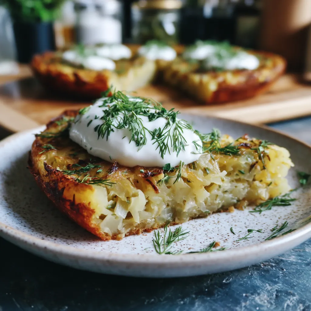 Na tle stołu, w kształcie podlasia, stoi pyszne potato cake z sosem śmietankowym.