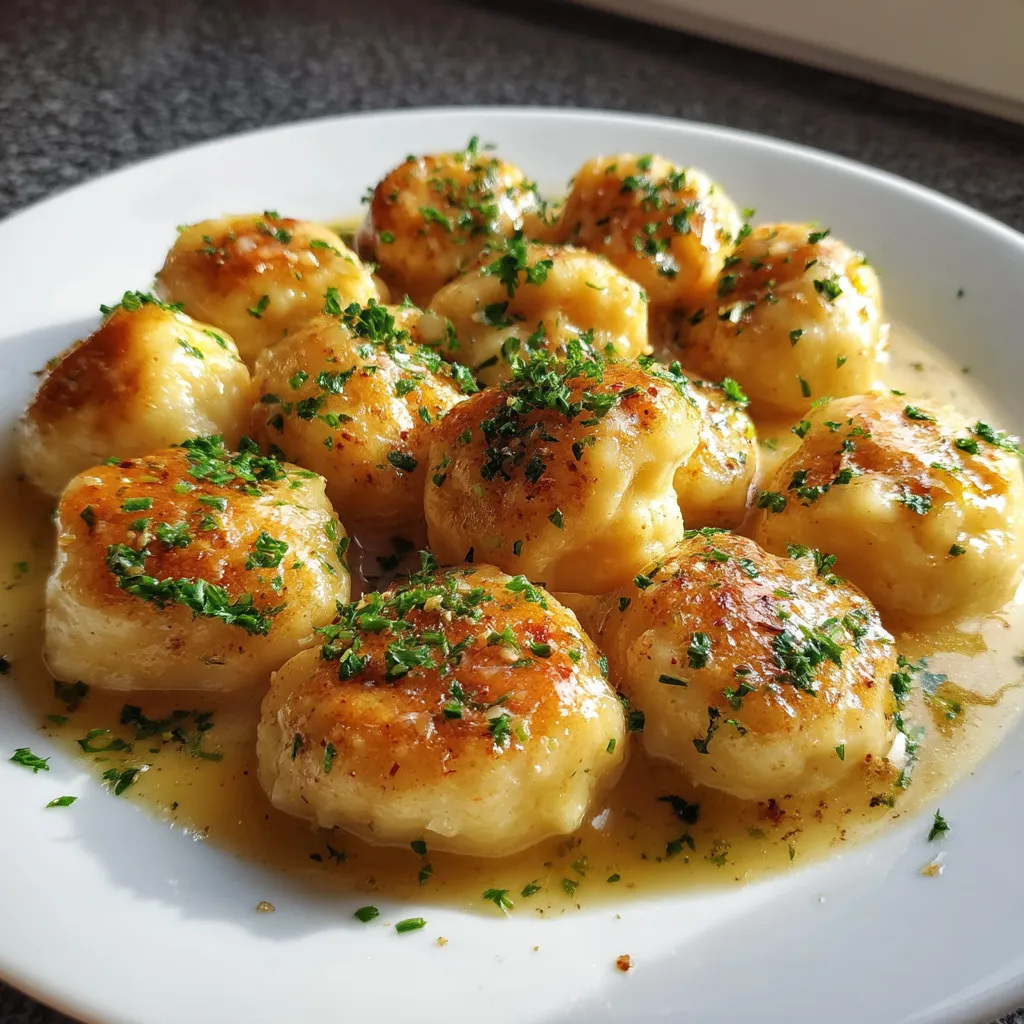 Na tle szarości, na białym talercie, stoi biały talerz z Silesian dumplings w cieście.