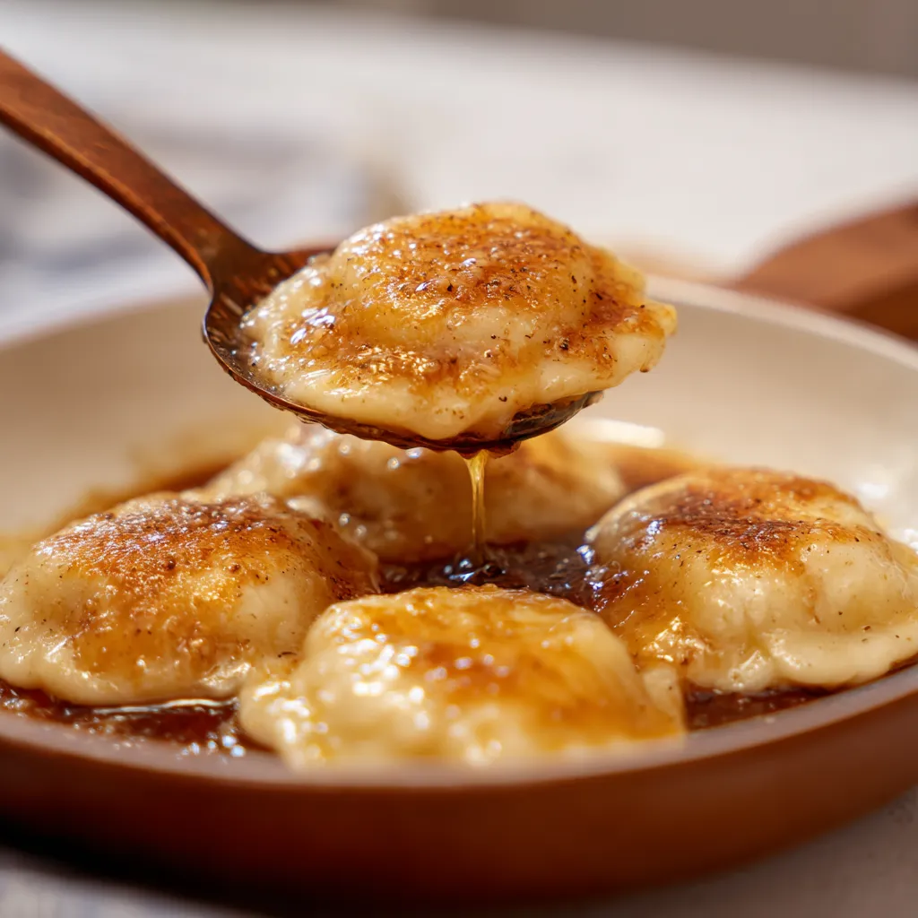 Silesian dumplings with butter sauce, served on a plate.