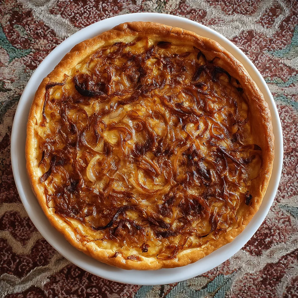 Obraz przedstawia pyszne pie z cebulą, którego nazwa to "Lublin Onion Pie". Pie jest gotowe i przygotowane do podania.