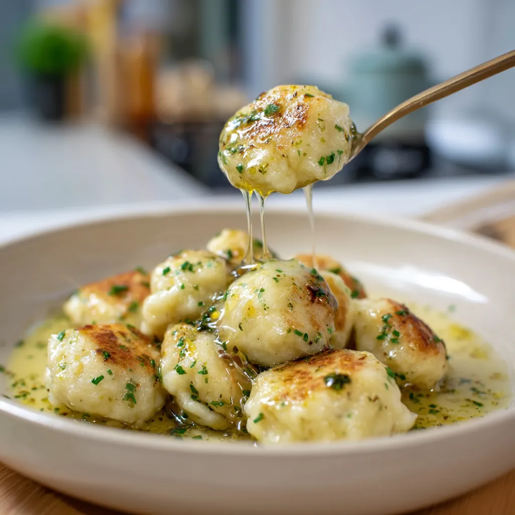 Na talerze z Tatra Cheese Dumplings z Chive Oil, które są gotowe do podania.