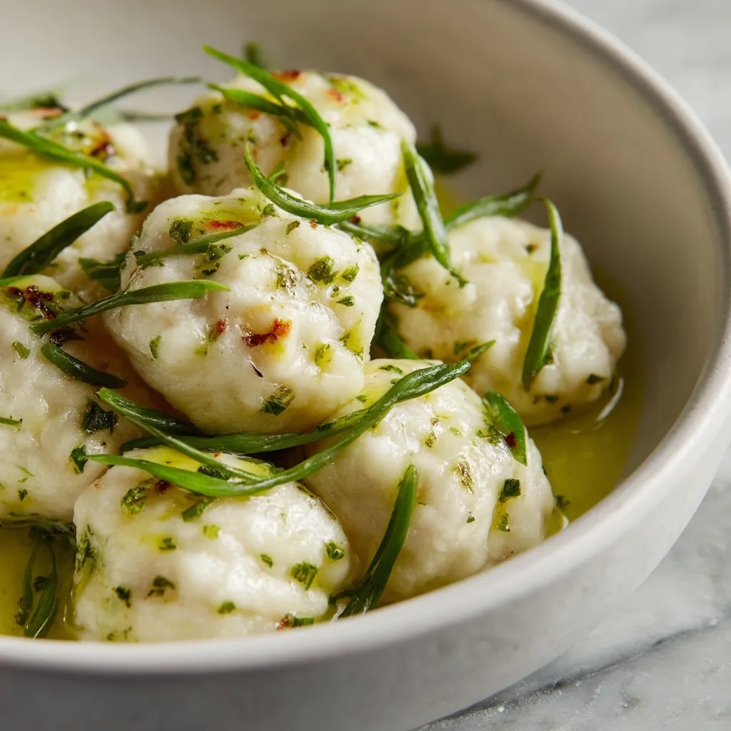W white bowl with green herbs on top of it, there are Tatra Cheese Dumplings with Chive Oil.