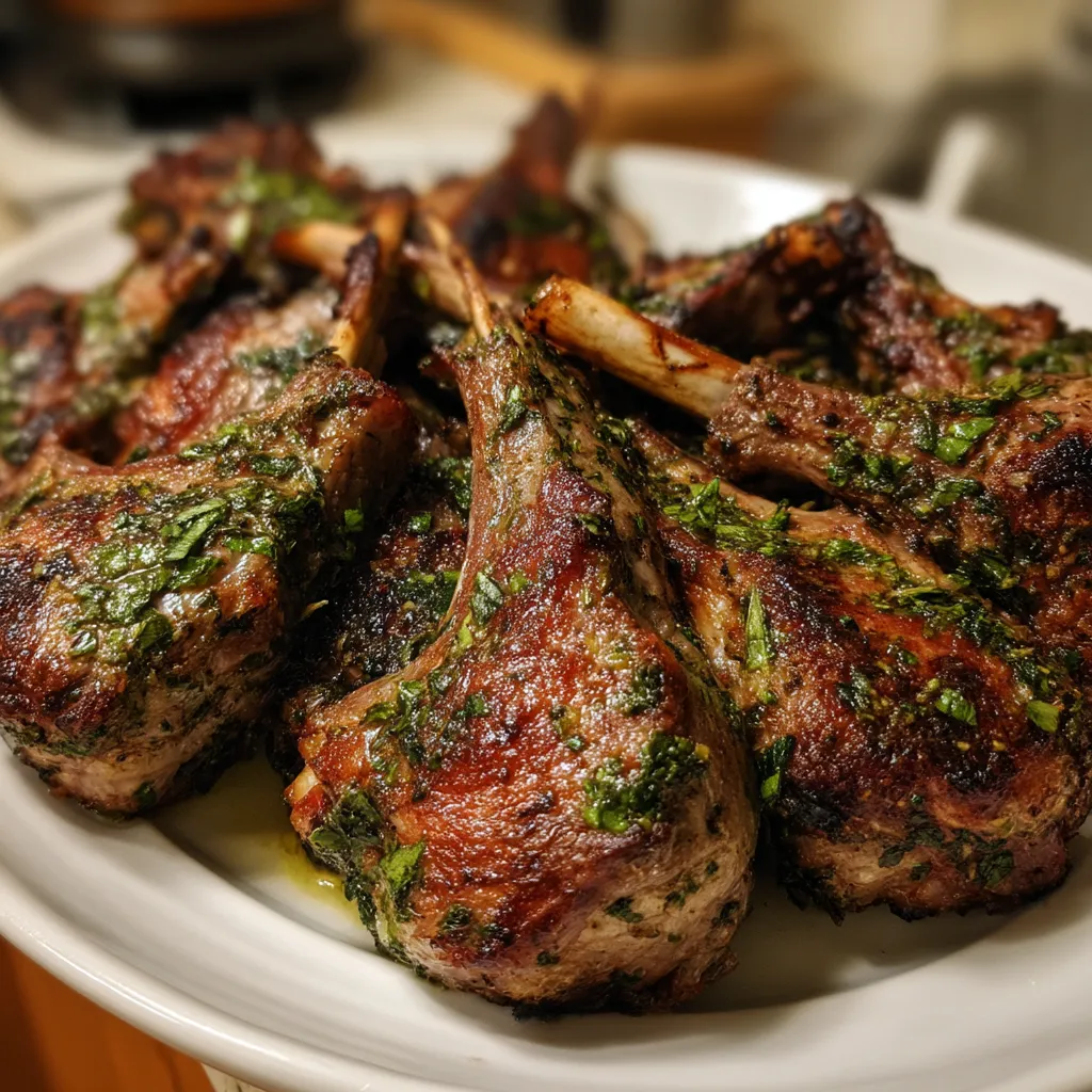 Na tle kuchennym stoi biały talerz z kilkoma roastowanymi kawałkami lamb chops, pokrytymi ziołami i ziołowym oliwą.