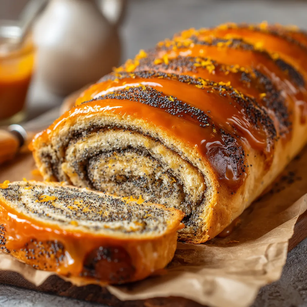 Na tabeli stoi delikatny poppy seed roll, który jest pokryty cukrem i orzechami.