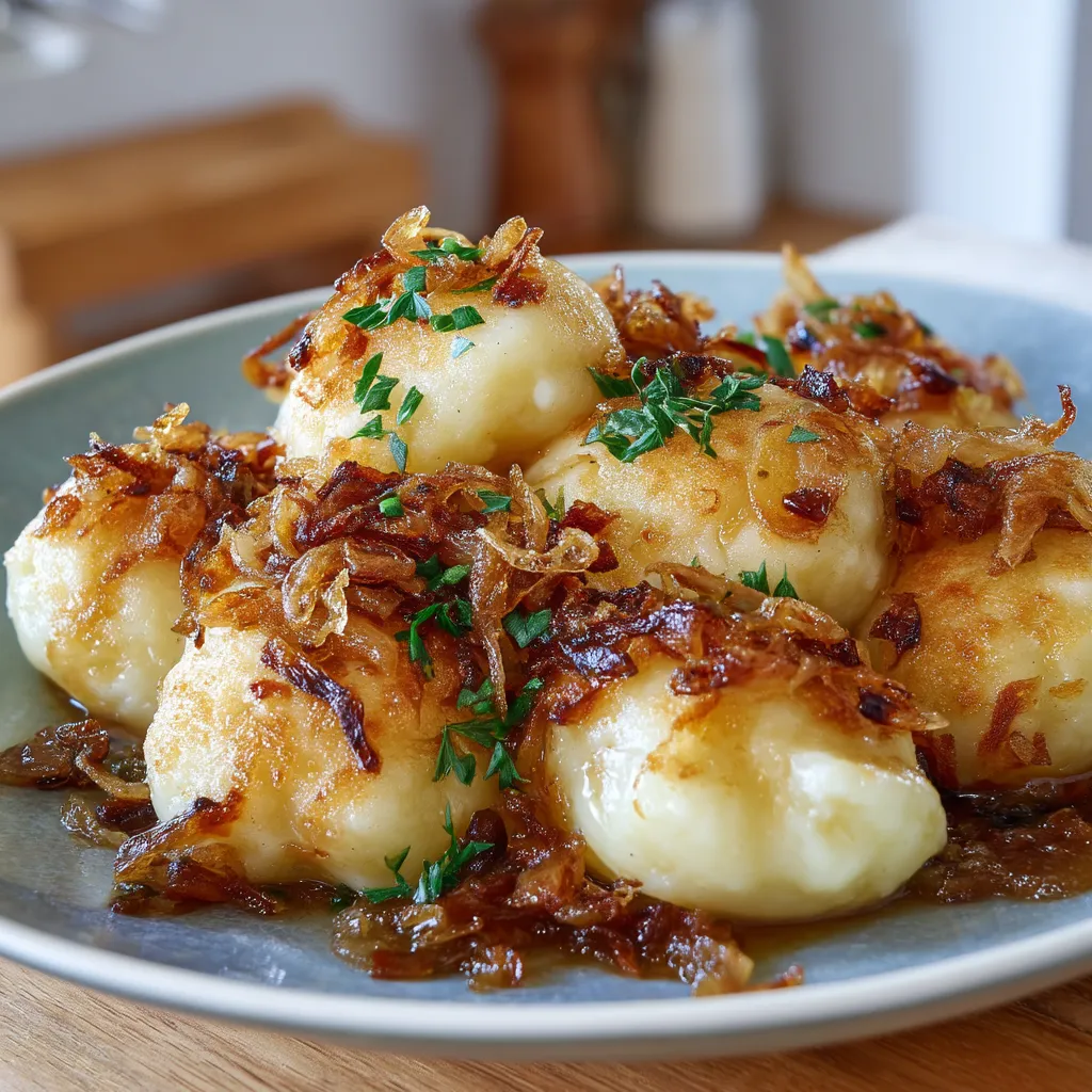 Na tle kantyny stoi biały talerz z potato dumplings.