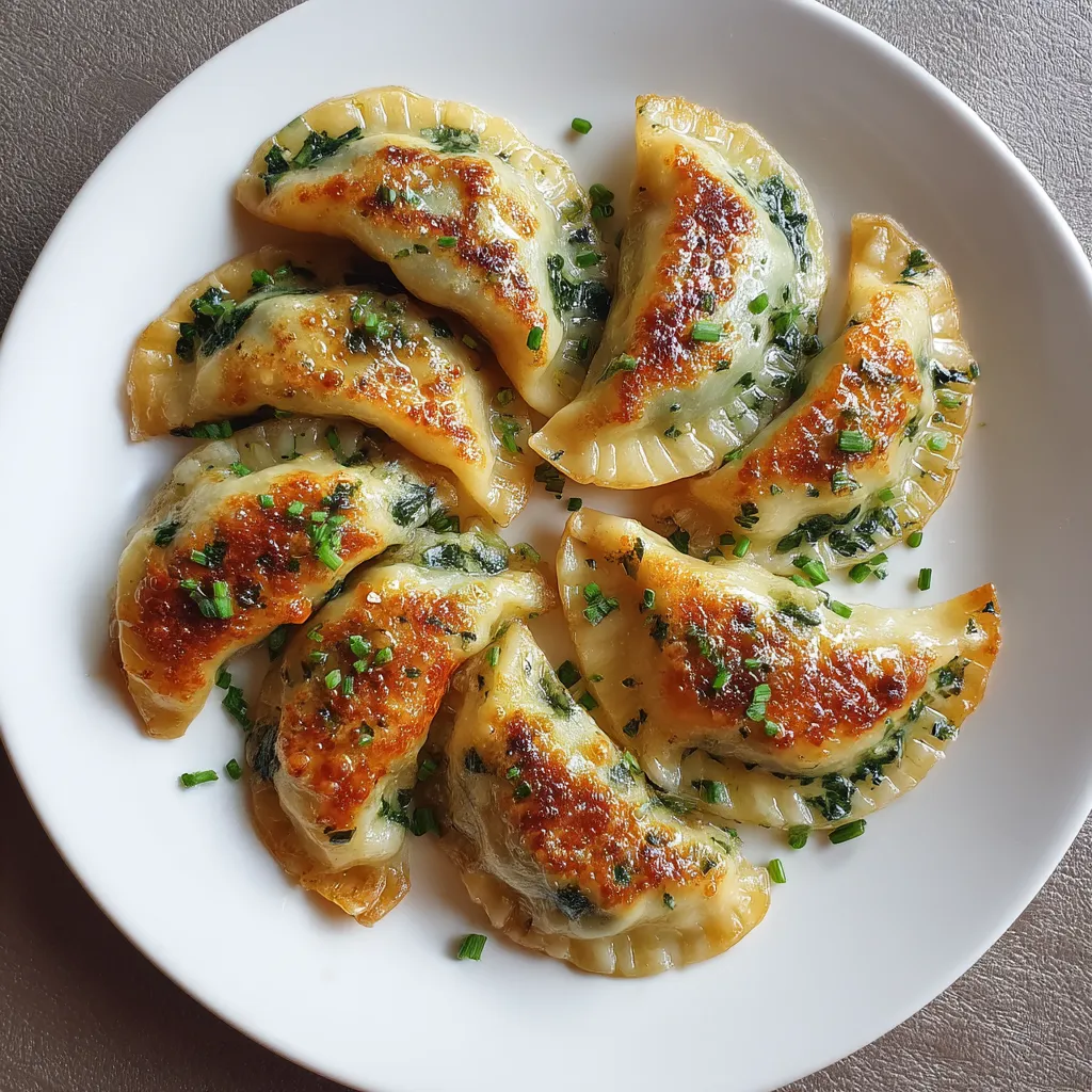 Na tle szarości, na białym talercie, pięć pierogów z spinacją i feta.