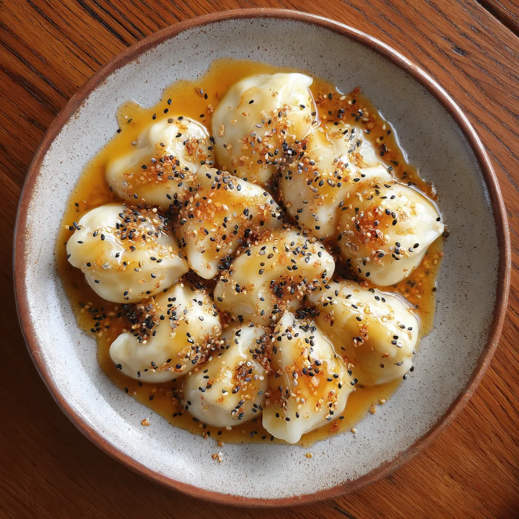 Na tle ciemnego tła, na talerzu w kształcie koła, siedzą Quark Dumplings z Honey Poppy Drizzle. Są to cienkościane, puszyste krochetki.