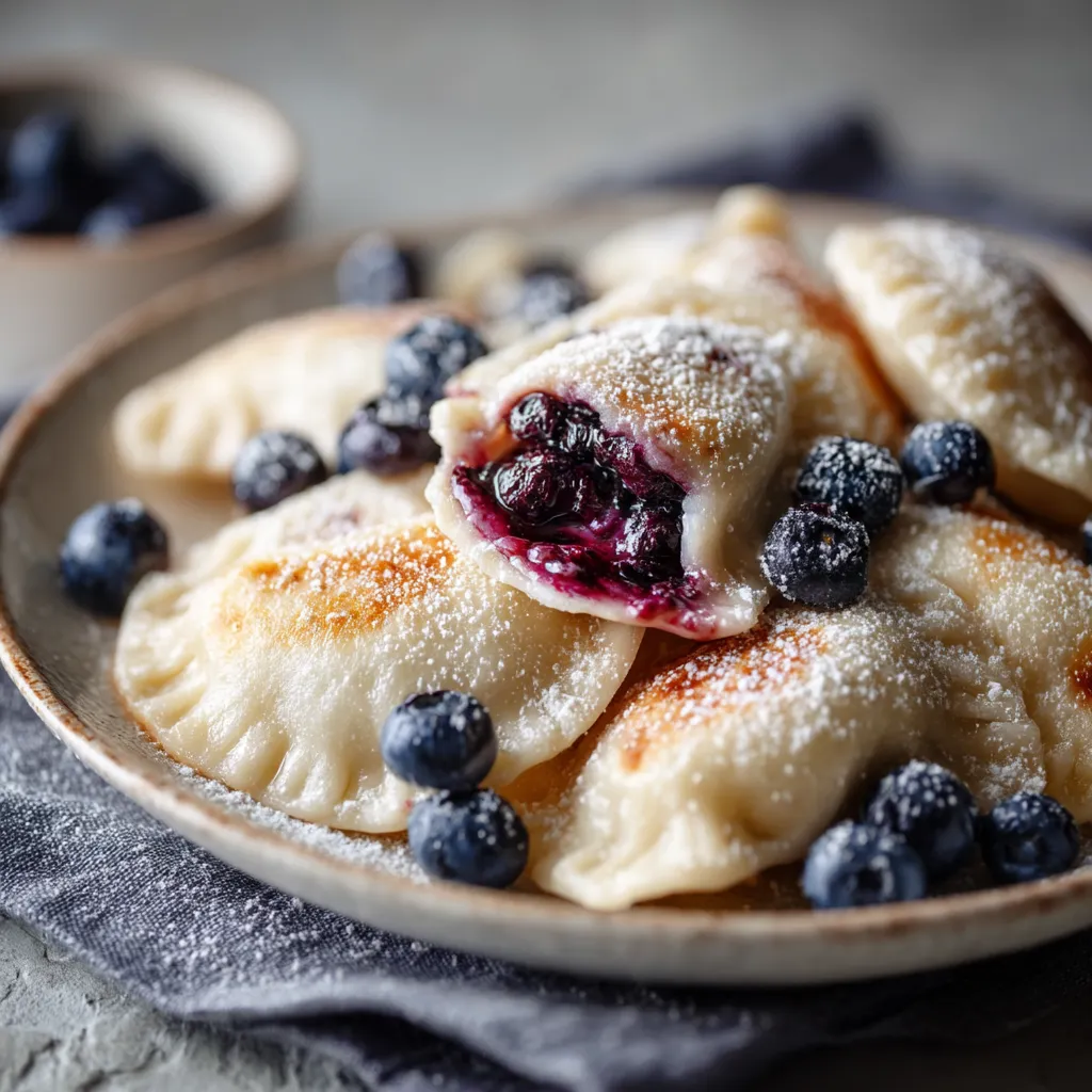 Na talerzu z pięknymi pierogami z powtarzalnymi świeżymi blueberry'ami.