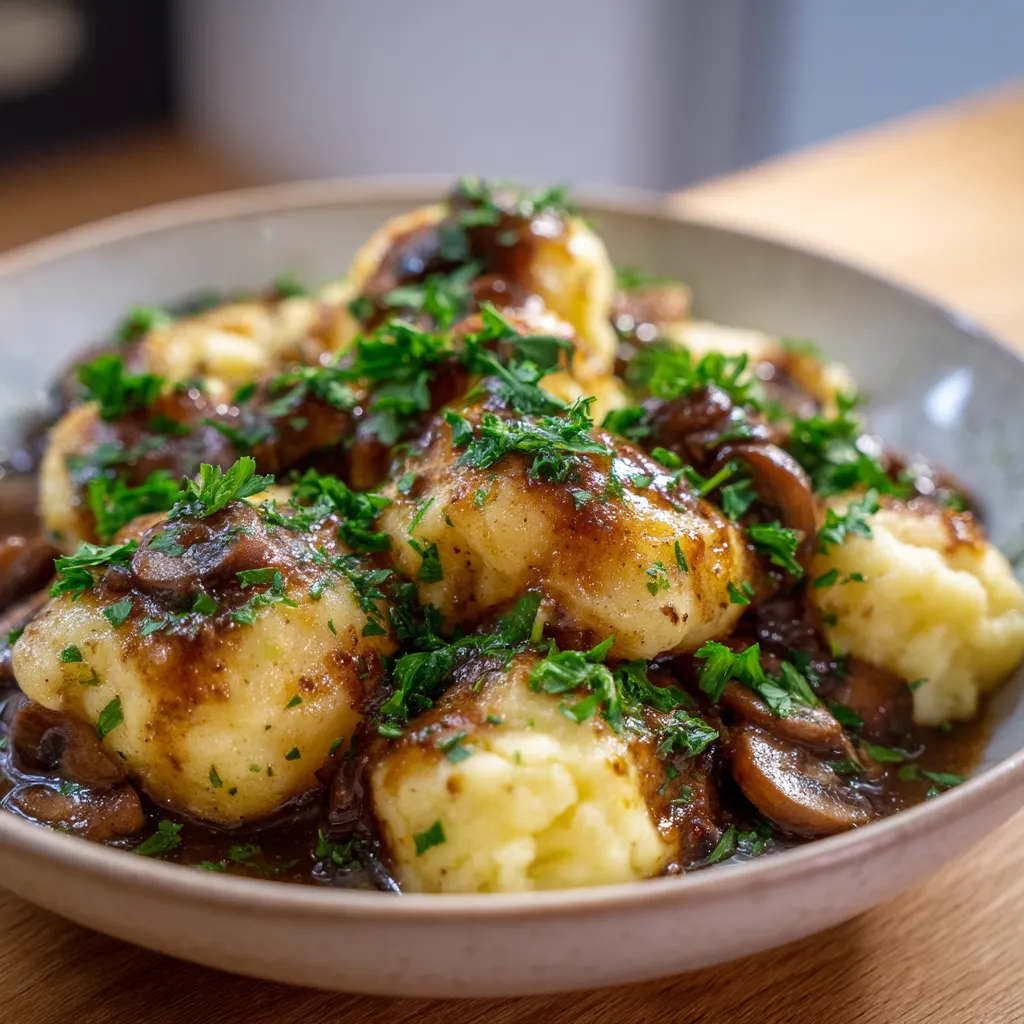 Kluski Śląskie z Mushroom Sauce towarzyszące się z różnymi składnikami.