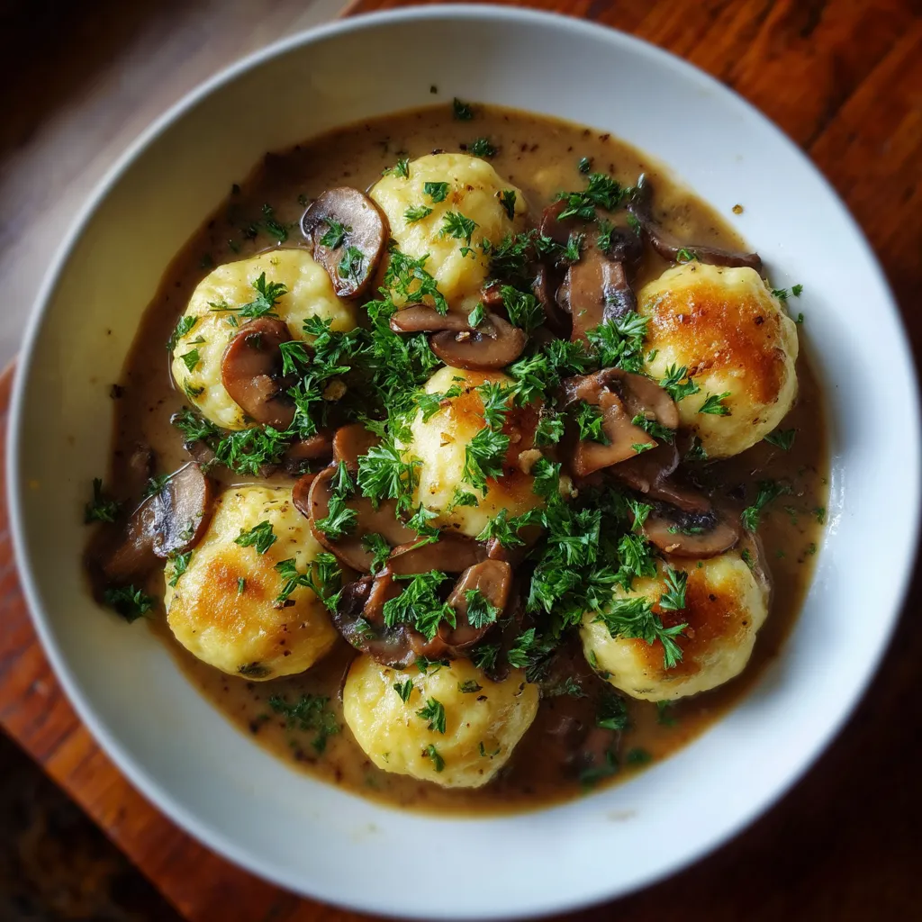 Na tle ciemnego tła, w misce złożone z kluski śląskiego, świeżych mushroom i ciepłego, ciemnego sosu.