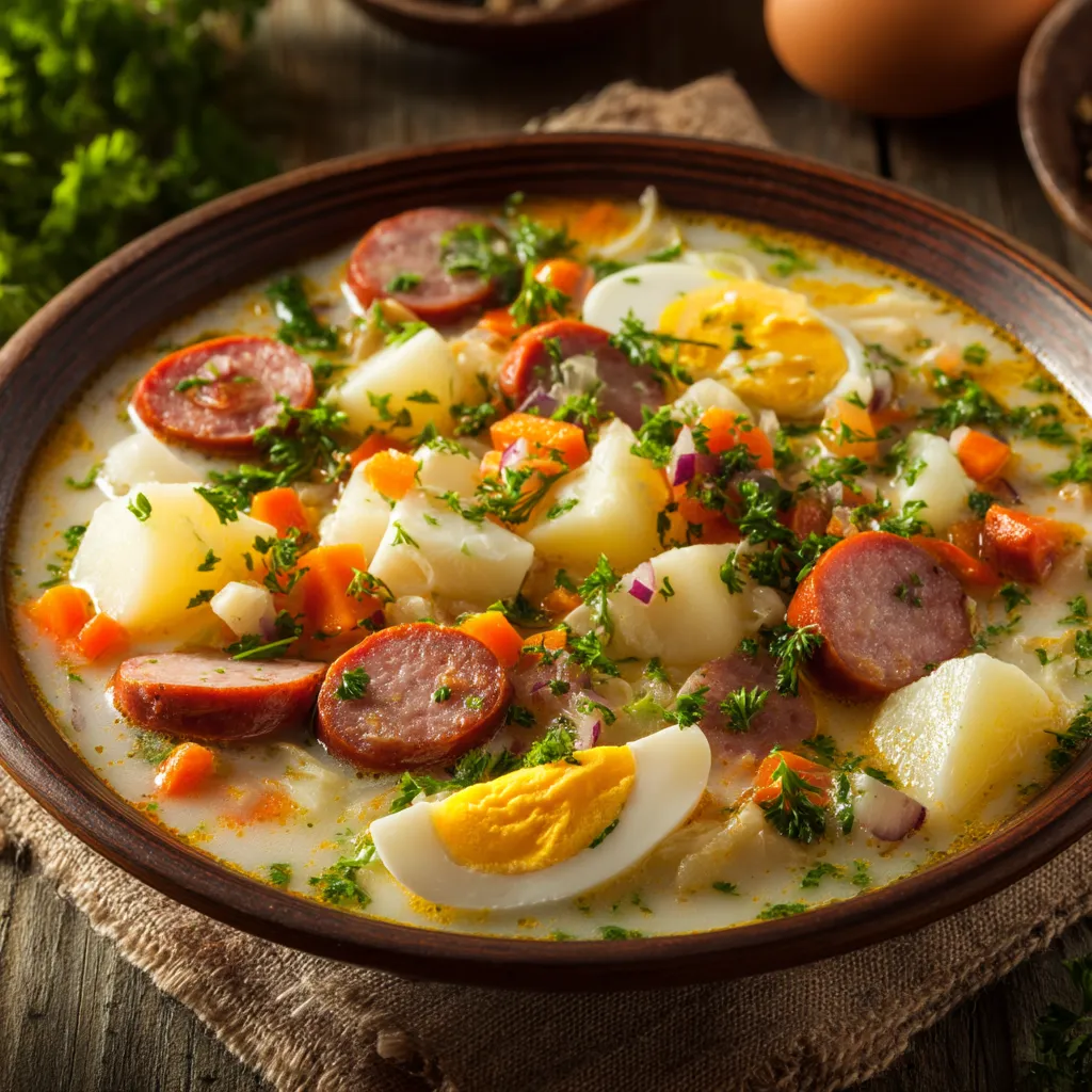 White borscht with sausage and egg.