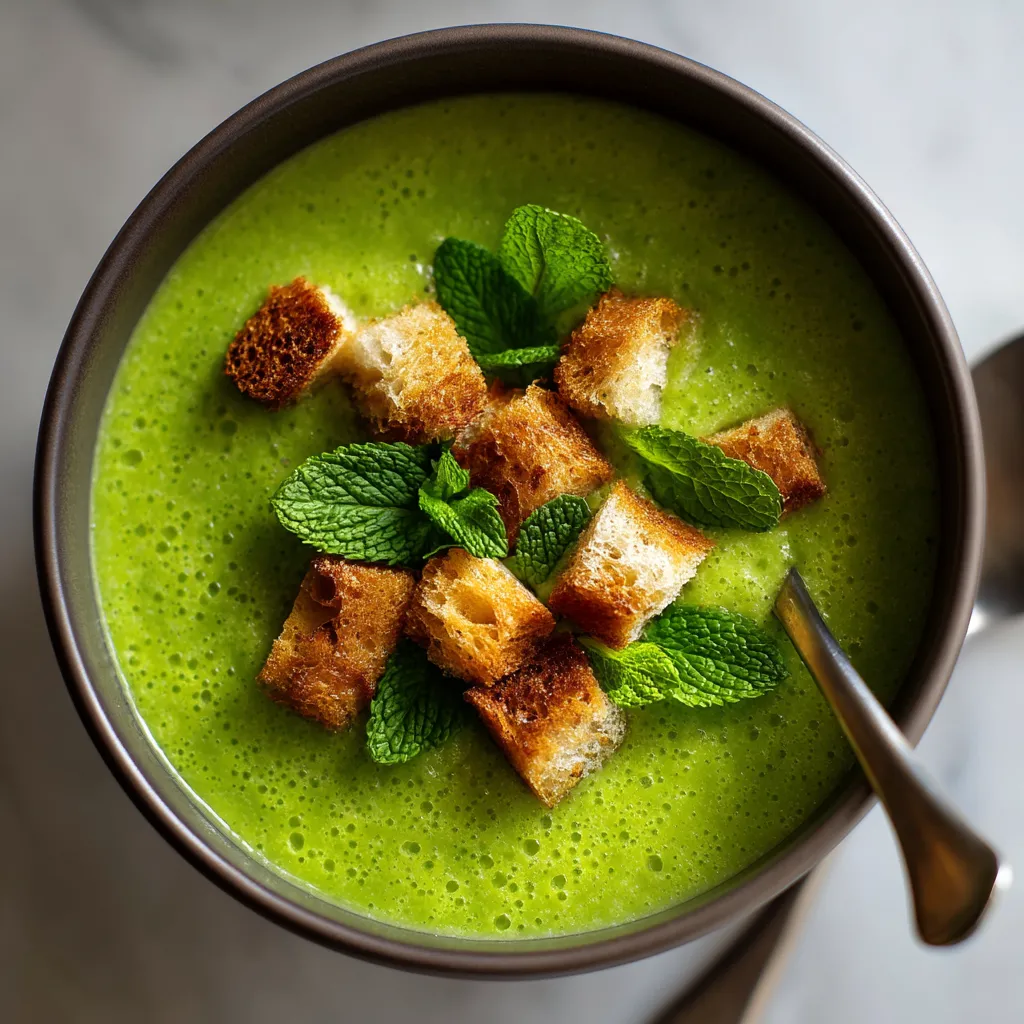 W misce pea soup z dodatkiem menty i kruchów.