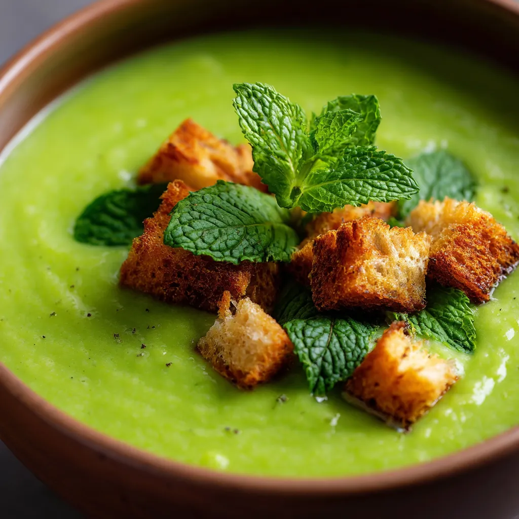 W misce pea soup z dodatkiem mleczka i kruchów, wypełnionych mlekiem.