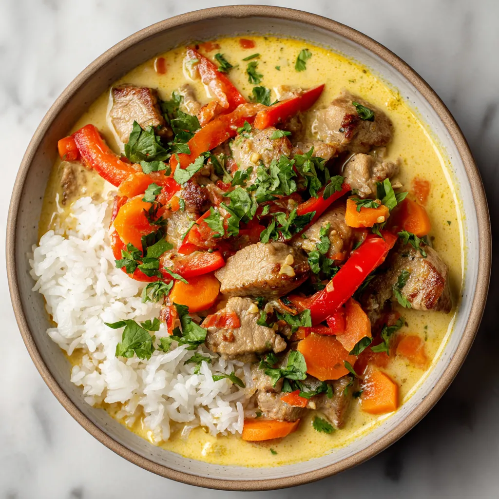 W misce z curry wieprzowym z mlekiem kokosowym, w której są również różne składniki, takie jak papryka, ziemniaki i kokos.