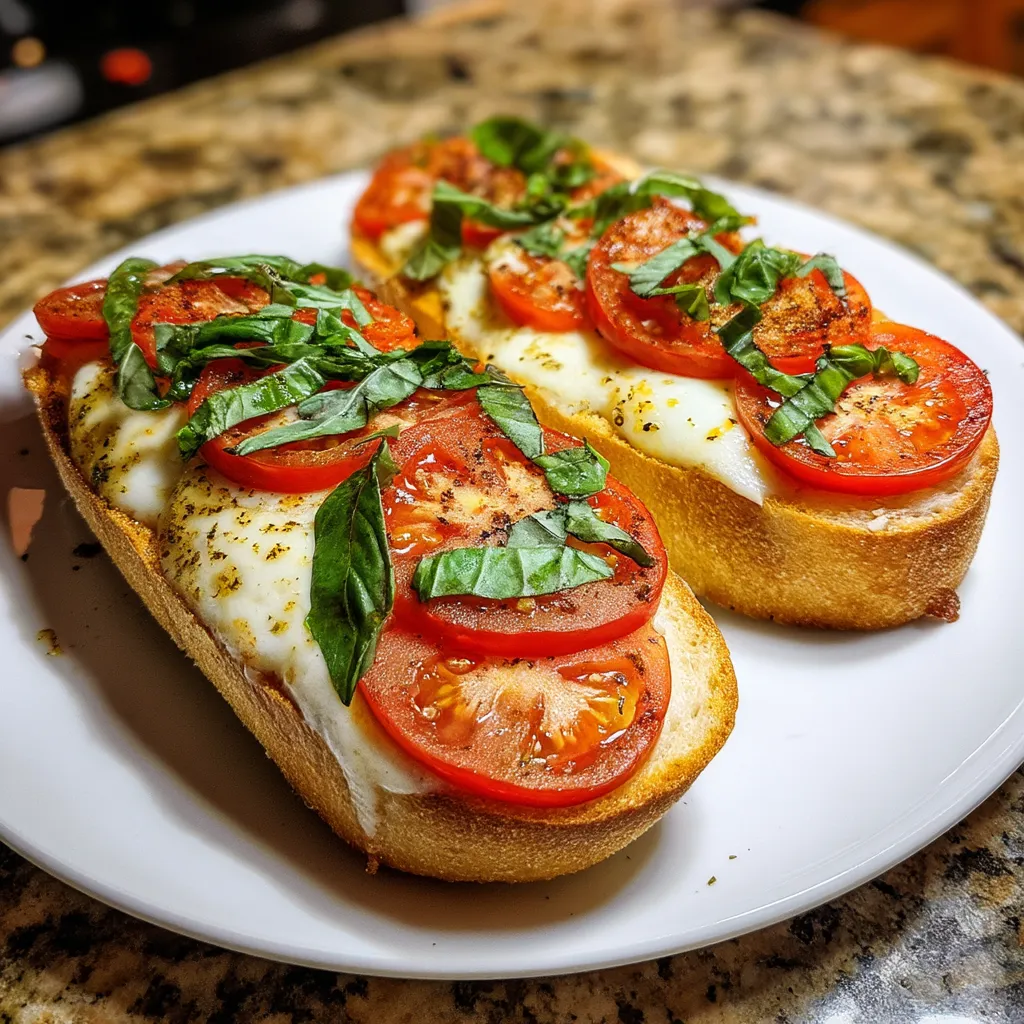 Dwa baguettscheiben z tomatami i mozzarella, podgrillowane na tle marmuru.