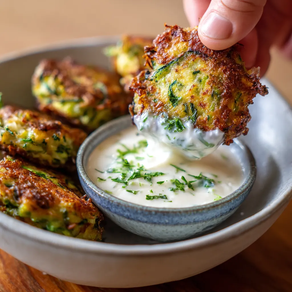 Zucchini Fritters z Garlic Yogurt Dip.