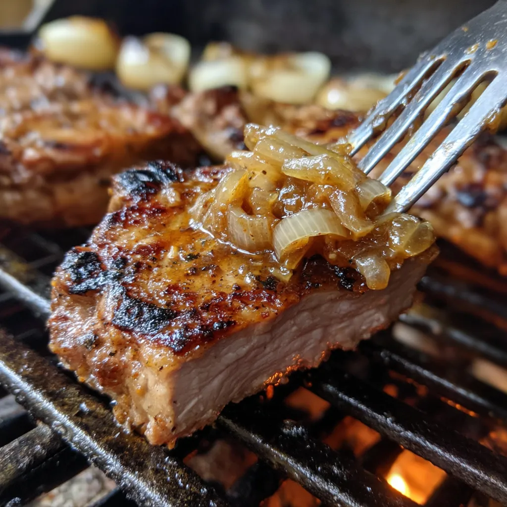 Obraz przedstawia grilled pork neck steaks z marinowanymi paprykami i mustardowym glazem.