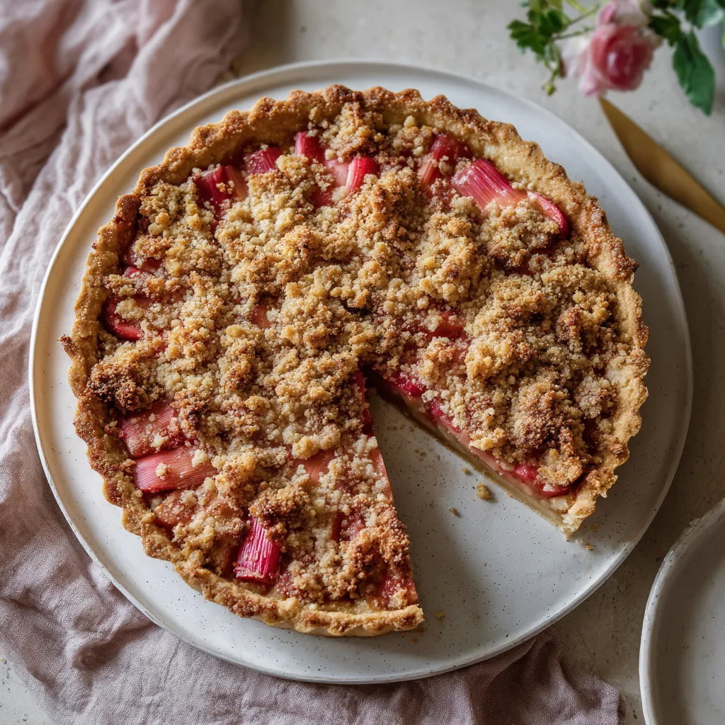 Tart z Rhubarb i Crumble na tle pinkowych kwiatów.