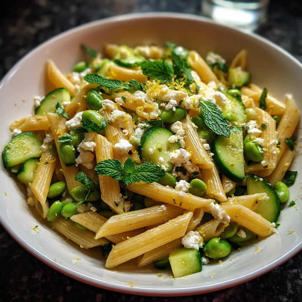 W white bowl on the table, there is a delicious meal consisting of pasta, cucumbers.
