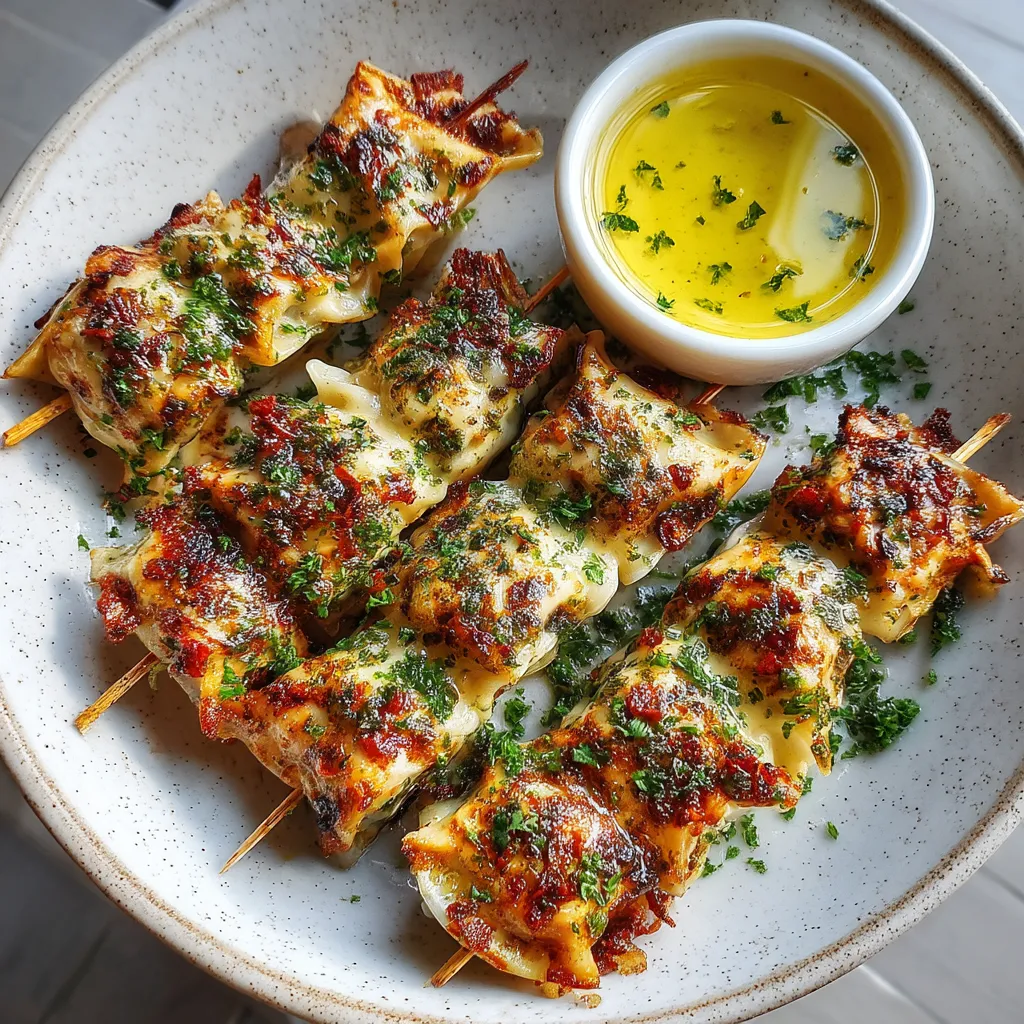 Na tle szarości, na talerzu, znajdują się grilled pierogi na krochetach.