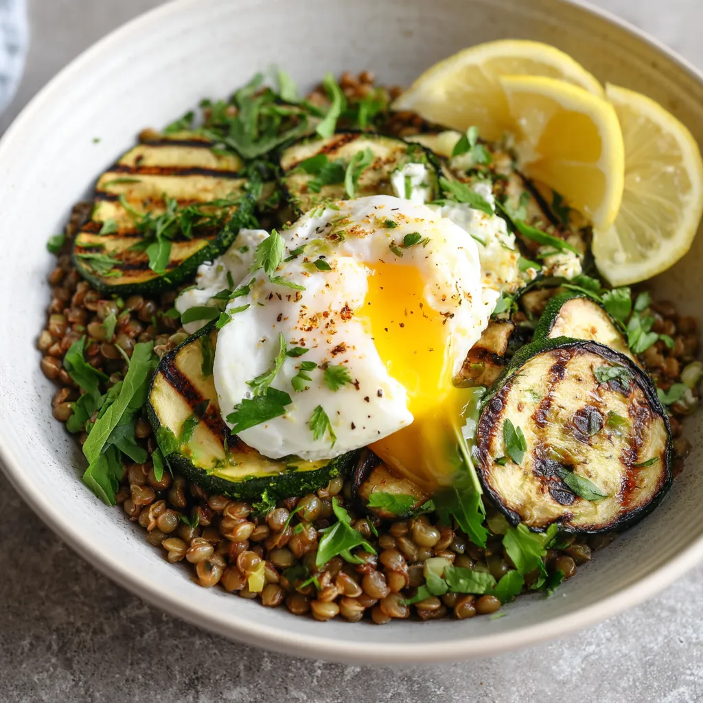 Buckwheat Bowls z Grilled Zucchini i Poached Egg.