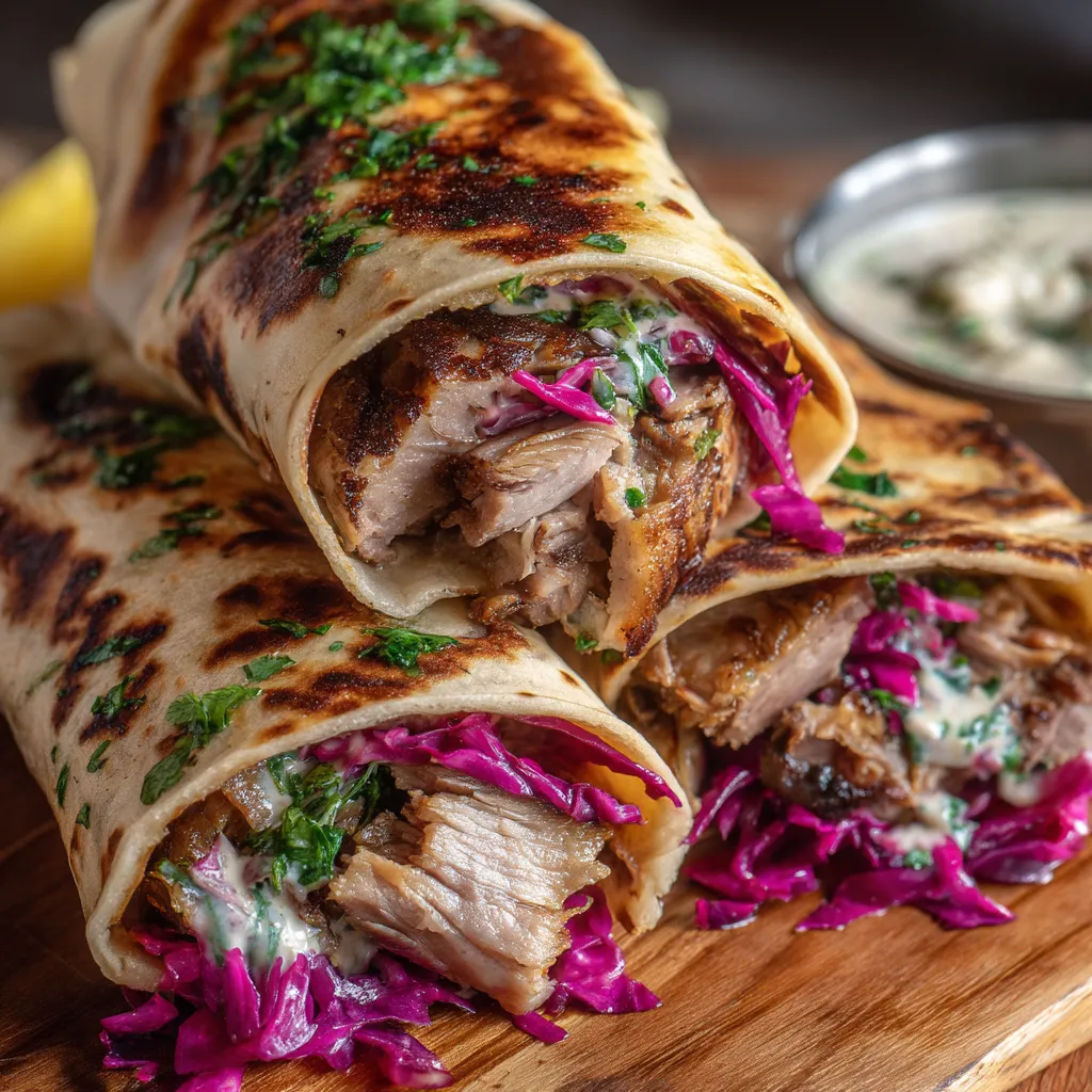 Na tle drewnianego podstawy stoi kilka BBQ Pork Neck Wraps z dodatkiem sosu z papryką.