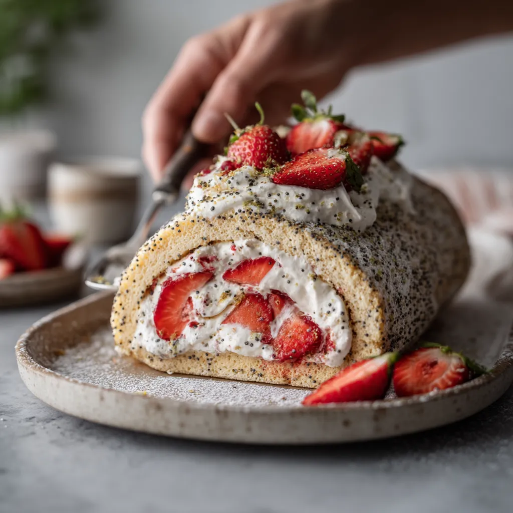 Strawberry-Poppyseed Pavlova Roll with Lemon Mascarpone to przekąska z owocami morelowymi i mascarpone.