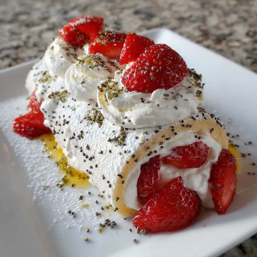 Strawberry-Poppyseed Pavlova Roll with Lemon Mascarpone to ciasto z owocami morelowymi i mascarpone, posypane strawberami i limonem.