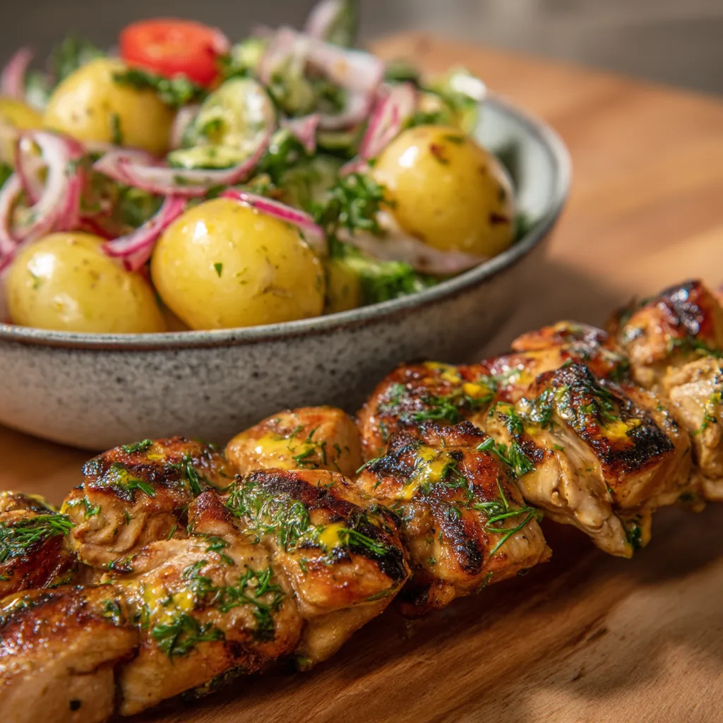Grilled chicken skewers z hodiną-mustardową marinądem i nowymi paprycznymi saladami.