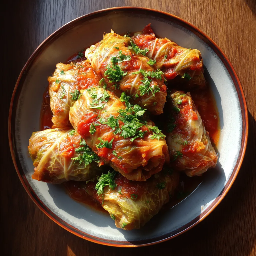 Na talerzu widać wiele gołąbków (stuffed cabbage rolls) z czerwonym sosem.