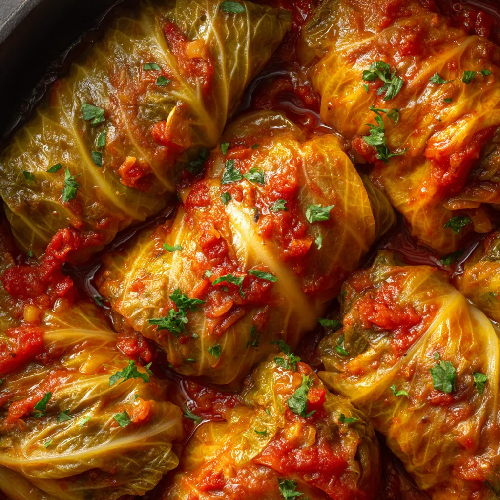 Obraz przedstawia delikatne gołąbki (stuffed cabbage rolls) w misce.