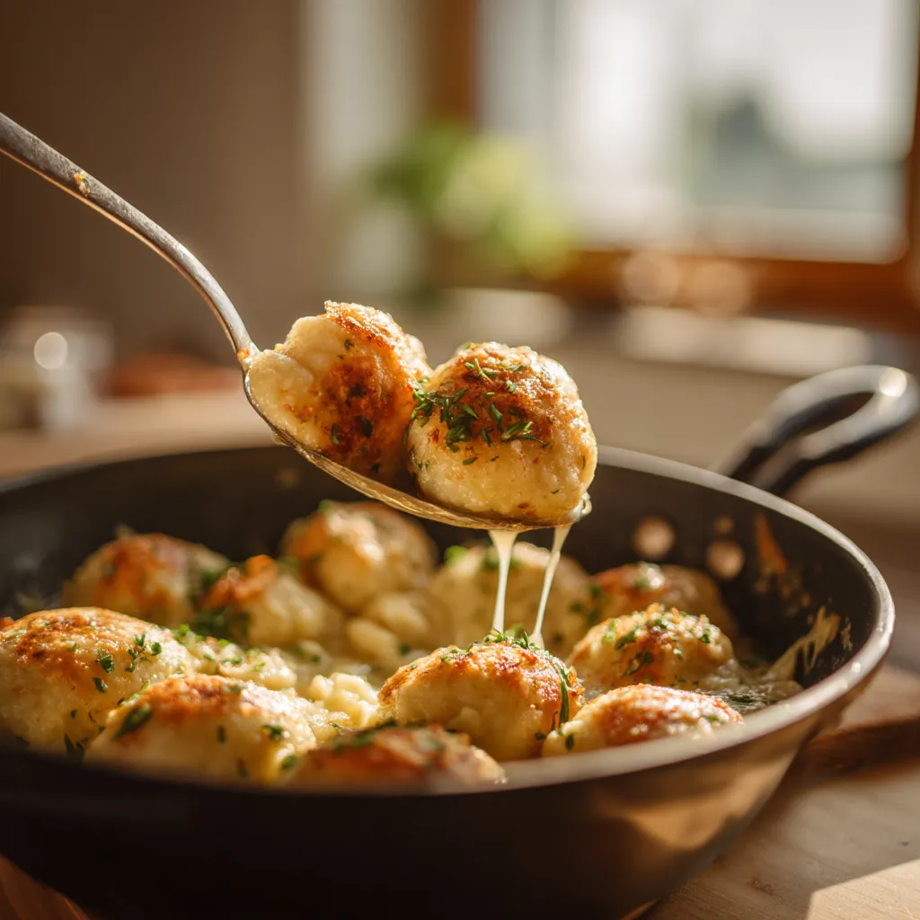Kluski Śląskie (Silesian Dumplings) są gotowane i posypane parzeniem.
