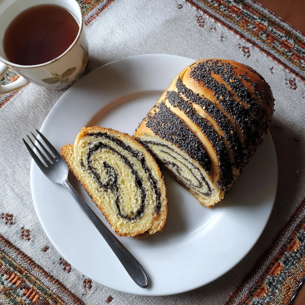 Na tabeli stoi pusty talerz z makowiec (poppy seed roll) na nim.