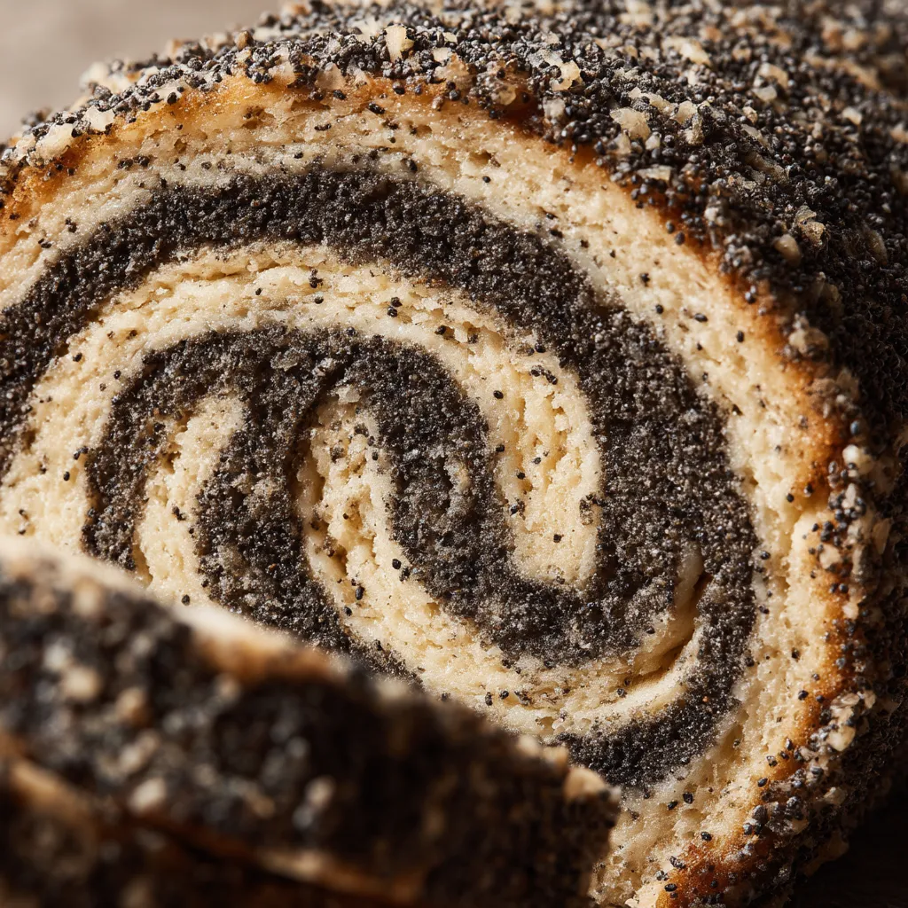 Widać się makowiec (poppy seed roll) z powierzchnią pokrytą cienką warstwą ziaren maku.
