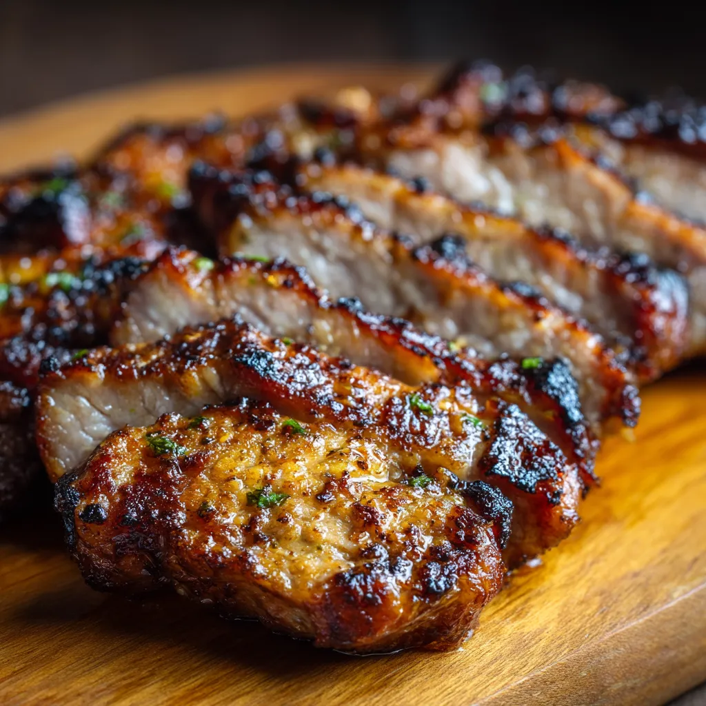 Na tle ciemnego koloru, na którym umieszczono karkówkę (grilled pork neck).